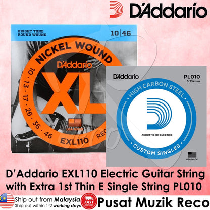 D'Addario EXL110+PL010(1pc) Nickel Wound Electric Guitar Strings Regular Light 10-46 - Reco Music Malaysia