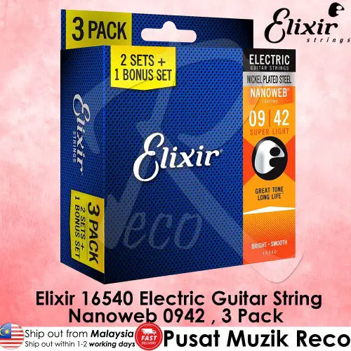 Elixir 16540 Nanoweb Coated Electric Guitar String 0942 Super Light , 3 Pack - Reco Music Malaysia