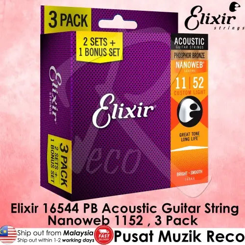 Elixir 16544 Nanoweb Phosphor Bronze Acoustic Guitar String 1152 Custom Light , 3 Pack - Reco Music Malaysia