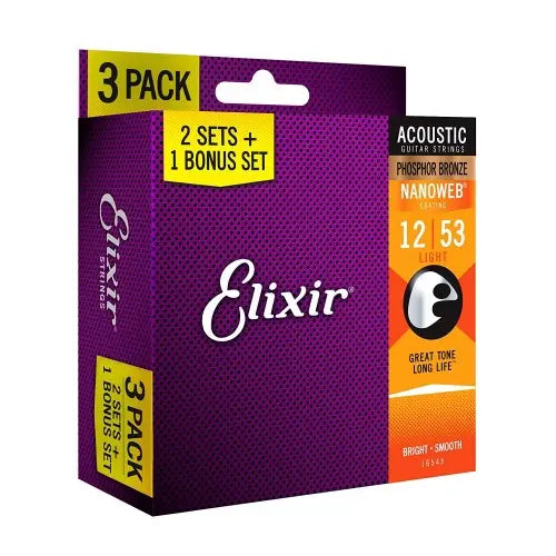 Elixir 16545 Nanoweb Phosphor Bronze Acoustic Guitar String 1253 Light , 3 Pack - Reco Music Malaysia