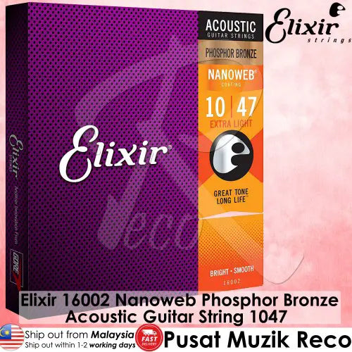 *Elixir 16002 Nanoweb Phosphor Bronze Acoustic Guitar String 1047 Extra Light - Reco Music Malaysia